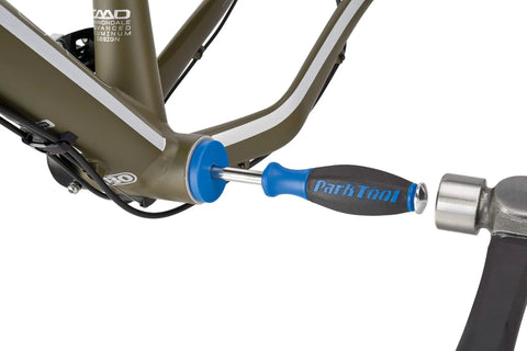 Park Tool BBT-304 BB30 bottom bracket bearing tool, blue handle and silver body, installed on olive bicycle frame