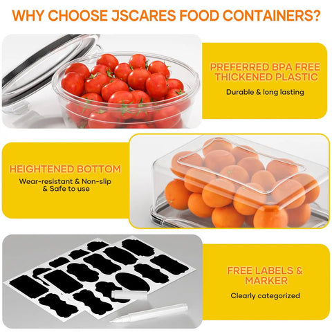 52 Piece Airtight BPA Free Food Storage Containers with Lids Set for Kitchen, shown with tomatoes and oranges, includes labels and pen