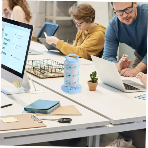 Dope Little Gamechanger Portable Power Strip With Fast Usb Charging Station and Extra Long Extension Cord on shared office table.