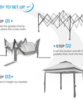 Assembly steps for Easy Up 11x11 Pop Up Gazebo Shelter With 4 Sandbags, showing frame setup and roof attachment in three stages.