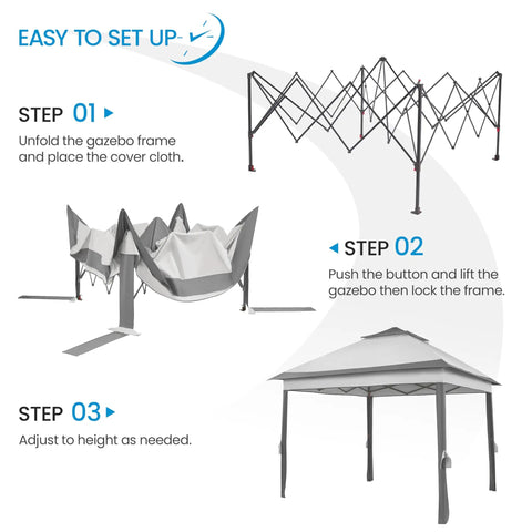 Assembly steps for Easy Up 11x11 Pop Up Gazebo Shelter With 4 Sandbags, showing frame setup and roof attachment in three stages.