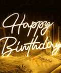 Happy Birthday white neon sign glowing in dark, 13 by 13 inches, USB powered light ideal for parties and photo backdrops.