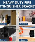 Beefy Heavy Duty Fire Extinguisher Wall Mount Bracket For 20Lb Dry Chemical And 10Lb CO2 Units ST12 Steel Construction in various settings.