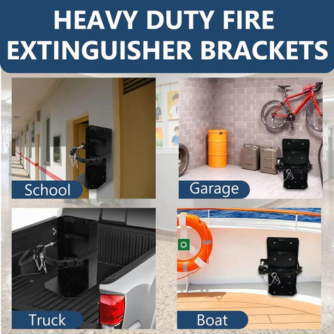 Beefy Heavy Duty Fire Extinguisher Wall Mount Bracket For 20Lb Dry Chemical And 10Lb CO2 Units ST12 Steel Construction in various settings.