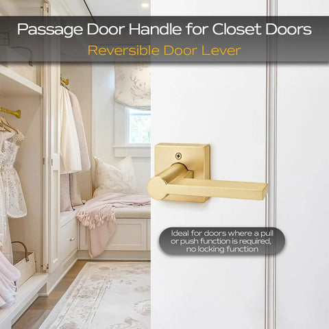3 Pack Satin Brass Passage Door Handles Square Lever Set No Lock For Hallways And Closets Easy Access Door Levers In Gold Finish
