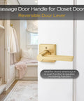 4 Pack Satin Brass Passage Door Knobs And Levers For Hall And Closet Doors, Keyless Interior Door Handles in modern setting