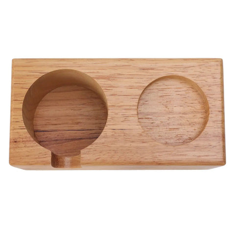 Sweet Beech Wood Coffee Tamper Stand With Clever Side Nook Securely Stores 51 To 58 Mm Tools, flat wooden base for espresso use.