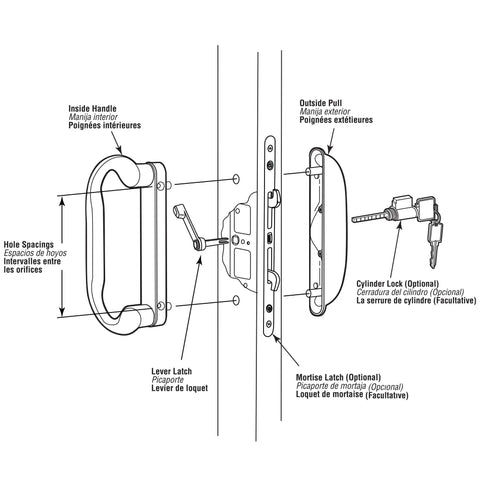 Diagram of Diecast White Patio Door Handle Set With Square Drive Center Lever Non Keyed Fits Roto And Similar Doors Reversible Handles