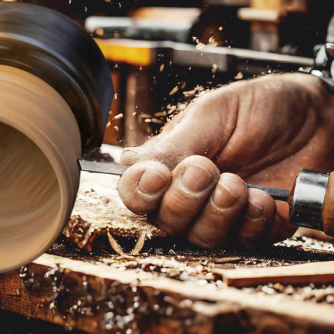 Pro Grade Woodturning Tools Kit With Eight Badass Heavy Duty Lathe Chisels Including Skew Spear Point Parting And Round Nose Blades For That Clean Smooth Cut Every Woodworker Wants in action, shaping wood with precision.