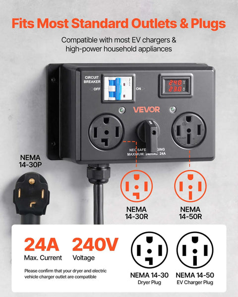 Handy Manual Ev Charger Switch That Plugs Right Into Nema 14 30 Or 14 50 Dryer Outlets For Level 2 Electric Vehicle Charging Up To 24 Amps At 240 Volts With Built In Circuit Breaker That Works Like A Charm showing NEMA 14-30 and NEMA 14-50 outlets.