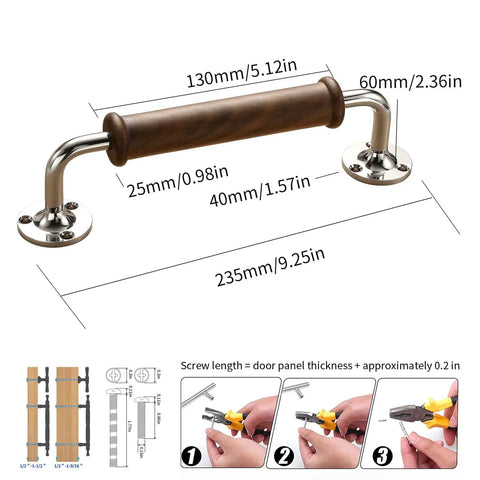 Walnut Wood Door Pull Handle Set For Barn Doors Gates Fence Closets And Sheds Smooth Polished Grip With Brass Accent Heavy Duty 8 Screw Mount Easy Install Indoor Or Outdoor Handrail Replacement with dimensions and installation steps.