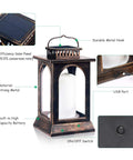 Lit Outdoor Solar Lantern With Realistic Flickering Flame detailed features including solar panel, USB port, and metal construction.