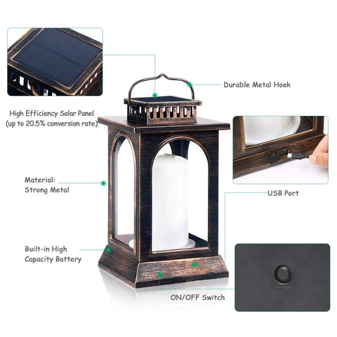 Lit Outdoor Solar Lantern With Realistic Flickering Flame detailed features including solar panel, USB port, and metal construction.