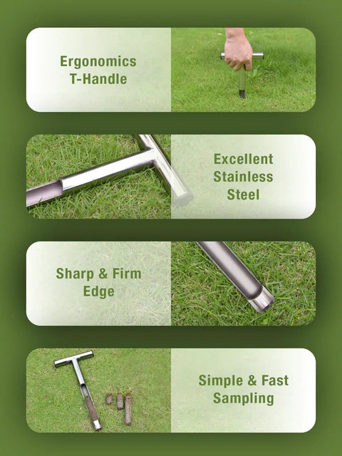 12 Inch Stainless Steel Soil Probe for Deep Sampling with T-handle shown on grass, ergonomic design, rust-resistant steel, lawn test kit