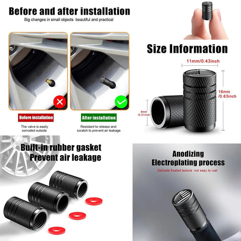 Image showing before and after installation of tire valve caps with size information and details on rubber gasket and electroplating process.