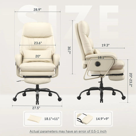 2 In 1 Chaise Lounge Chair With Wheels For Cozy Lounging Leather Recliner With Extendable Footrest And 90 To 165 Degree Backrest Lumbar Support For Living Room Bedroom Home Office Or Study Beige White HC4 front and side view with dimensions