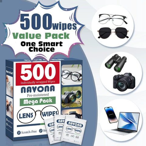 Front view of Navona 500 lens wipes mega pack box with pre-moistened, individually wrapped eyeglass cleaning wipes.