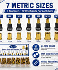 Pro Grade Carbon Steel Rivet Nut Tool Set With Assorted Mandrels And Flat Head Inserts Spanning M3 Through M12 display with various sizes and counts.