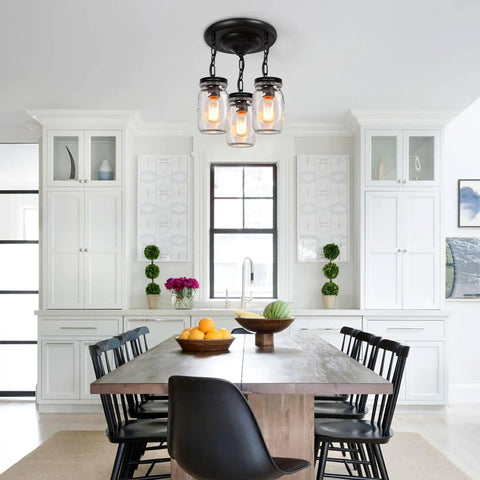 Dope 3-Light Glass Mason Jar Pendant Lights For Kitchen Island Farmhouse Style close-to-ceiling mount in kitchen setting