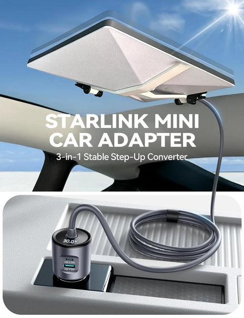 Starlink Mini Car Power Adapter And 12V To 24V To 30V Dc Step Up Converter, featuring a sleek design with USB ports and a digital readout.
