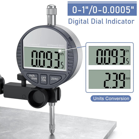 Pro Grade Digital Dial Indicator Gauge With Magnetic Base 0 to 1 Inch 25.4mm Inch To Metric Conversion For 3D Printers Table Saws Auto Repair And CNC Machines High Precision Easy Read Measurements with LCD display showing measurements