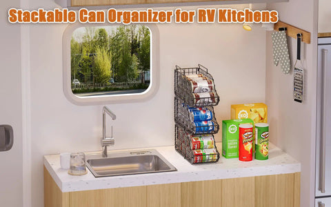 Eight Pack Can Organizer For Pantry And Fridge, Stackable Wire Shelf Rack Holds Up To Seventy Two Cans on RV kitchen counter