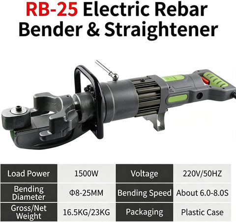 Portable Electric Hydraulic Steel Rod Bender Straightener 2 In 1 Handheld Rebar Bending Machine With Adjustable Angle Up To 130 Degrees showing design and features.