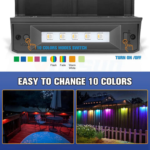 8 Pack Outdoor Solar Fence Lights With 1800mAh Batteries, Waterproof LED Color Changing Lights, 7 Color Modes Plus Warm White, No Wiring, Easy Screw Or Stick Mount, Ideal For Steps, Railing, Walls, Fences And Decks
