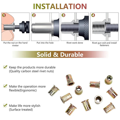 Installation guide for 100 Pack 5/16 Inch Rivet Nut Set 5/16-18 UNC Flat Head Rivnut Inserts, Zinc Yellow Plated Carbon Steel Threaded Inserts.