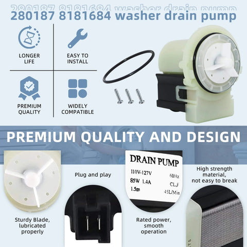 Single Unit Washer Drain Pump Motor 280187 8181684 Askoll M75 Replacement for Whirlpool Duet Maytag Kenmore shown with parts and features