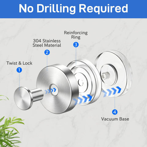 Heavy Duty Black Suction Cup Hooks Two Pack No Drill Bathroom Wall Adhesive Rack showing 304 stainless steel and vacuum base design.