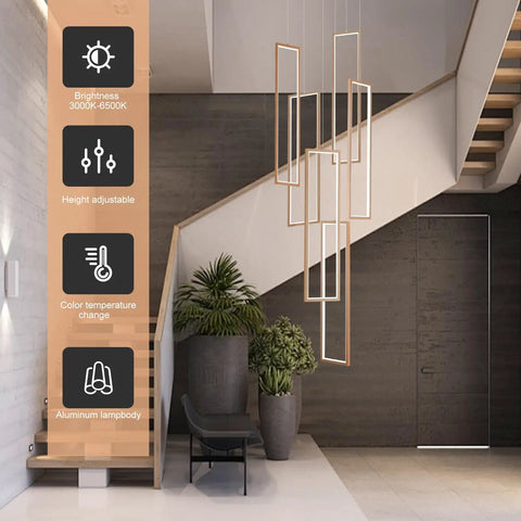 Stylish stairway with Totally Sleek Black Modern LED Pendant Light With Dimmable Wave Design. Features shown in sidebar.