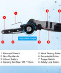 Heavy Duty Electric Mini Belt Sander With Knockout Rubber Grip And Variable Speed showing adjustable angle and parts.