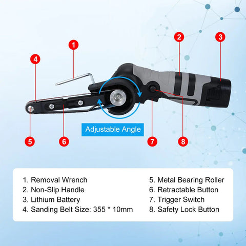 Heavy Duty Electric Mini Belt Sander With Knockout Rubber Grip And Variable Speed showing adjustable angle and parts.