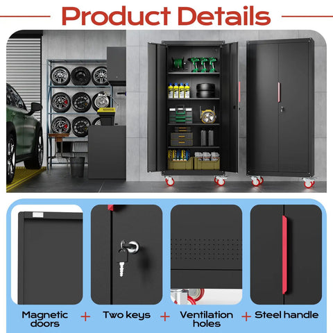 71 Inch Tall Lockable Garage Storage Cabinet On Wheels With Four Adjustable Shelves Beefy Heavy Duty Steel Construction For Home Shop Or Warehouse Scratch Resistant Powder Coated Finish Easy Roll Casters Locking Latch, open in garage
