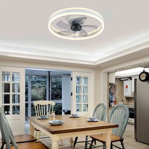 Dining room with Modern Flush Mount Ceiling Fan With Lights White Remote And App Control 3 Color Dimmable Lighting 5 Blade