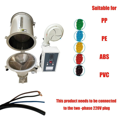 Reliable Workhorse Heavy Duty Plastic Hopper Dryer Machine With 15Kg Capacity Stainless Steel Body For Injection Molding Pvc Abs Pp Pe Pellets Smart Temp Control 220V 2 7Kw with control panel and heating element.