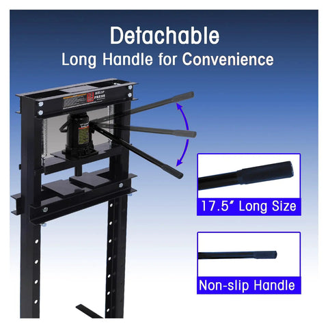 Heavy Duty 12 Ton Hydraulic Shop Press Compact H Frame Bearing Press Machine Garage Auto Repair with detachable long handle.