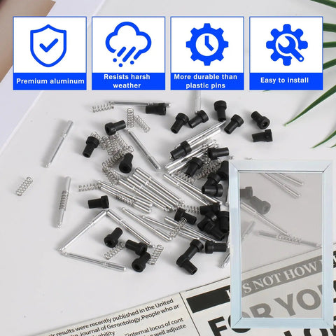 Rock Solid Window Screen Plunger Latches With Caps And Springs 16 Piece Professional Upgrade Kit 5/32 X 1 1/2 Inch aluminum clips and springs on a flat surface.