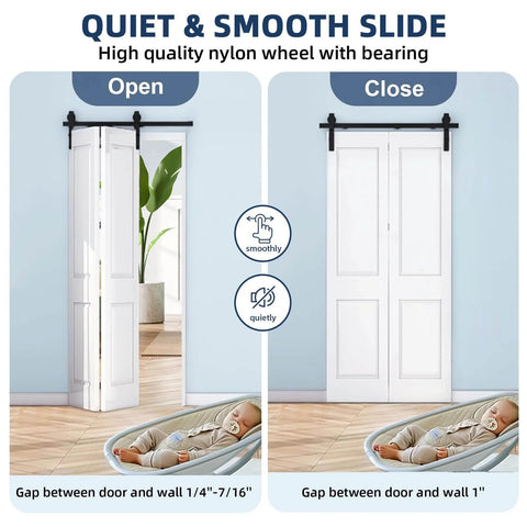 Heavy Duty 36 Inch Bi-Fold Barn Door Hardware Kit Fits Two 16 Inch Closet Doors, Sliding Track With Quiet Rollers open closed view