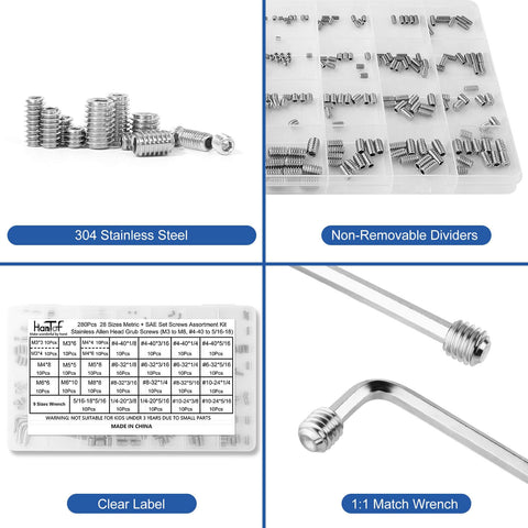 280 Piece Set Screw Kit With 28 Sizes Metric And SAE Allen Grub Screws In 304 Stainless Steel Internal Hex Drive Cup Point For Door Knobs And Faucets A Handy DIY Must Have For Bathroom Fixtures And Hardware Repairs displayed with organizer and wrench