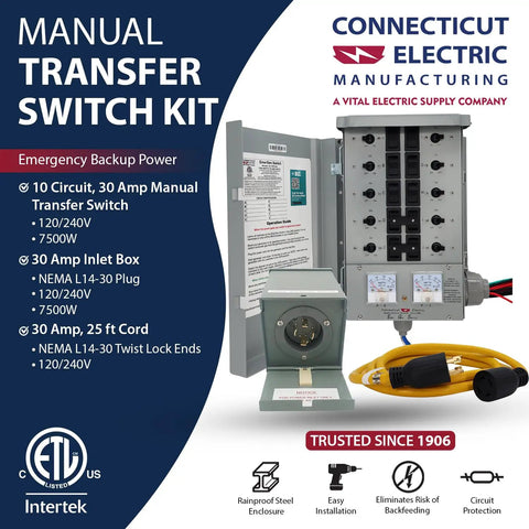 EmerGen 30 Amp Backup Power Manual Transfer Switch Kit with 25 Foot Generator Cord 10 Circuit 7500 Watts for Portable Generator