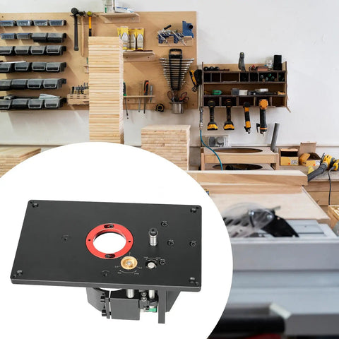 Rock Solid Aluminum Router Lift Plate With Dead On Height Adjustment Easy Swap For 65Mm Motor Routers shown in woodworking shop.