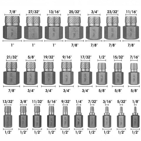 Heavy Duty Bolt Extractor Kit For Damaged Fasteners Stripped Or Broken Screws And Studs 25 Piece Bolt Extractor Socket Set sizes shown