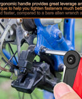 Close-up of Foldable Hex Key Set With Metric And SAE Allen Wrenches, Pro Grade Chrome Vanadium Steel adjusting bicycle brakes.