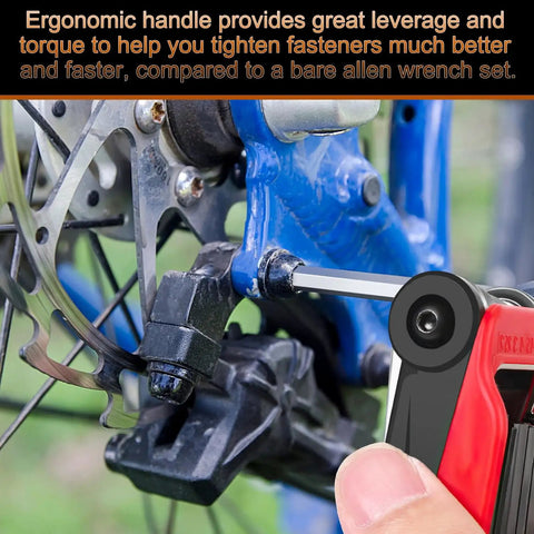 Close-up of Foldable Hex Key Set With Metric And SAE Allen Wrenches, Pro Grade Chrome Vanadium Steel adjusting bicycle brakes.