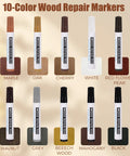 All In One Wood Filler Repair Kit With 26 Colors Including 16 Fillers And 10 Markers For Quick Scratch Crack And Hole Fixes On Wood Floors Furniture Cabinets And Tables showing 10 color wood repair markers.