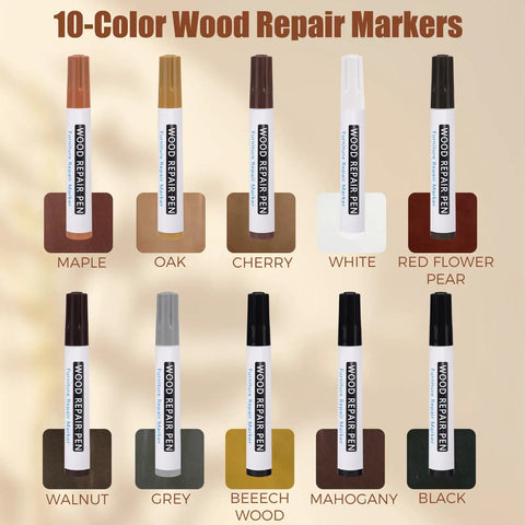All In One Wood Filler Repair Kit With 26 Colors Including 16 Fillers And 10 Markers For Quick Scratch Crack And Hole Fixes On Wood Floors Furniture Cabinets And Tables showing 10 color wood repair markers.