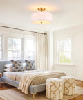 Modern bedroom with a ceiling light, not Industrial Dope Three-Light Semi Flush Mount Ceiling Light With 14.2 Inch Metal Mesh Cage Shade Black Drum Farmhouse Style For Dining Room Kitchen Bedroom Hallway And Entry Foyer.