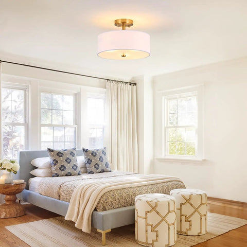Modern bedroom with a ceiling light, not Industrial Dope Three-Light Semi Flush Mount Ceiling Light With 14.2 Inch Metal Mesh Cage Shade Black Drum Farmhouse Style For Dining Room Kitchen Bedroom Hallway And Entry Foyer.